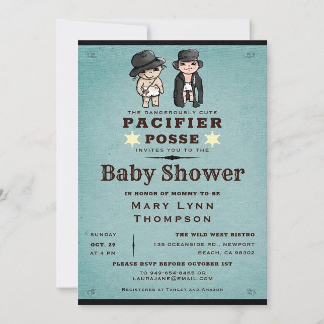 Invitación Funny Twins Pacifier Posse Western Baby Shower (Anverso)
