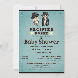 Invitación Funny Twins Pacifier Posse Western Baby Shower