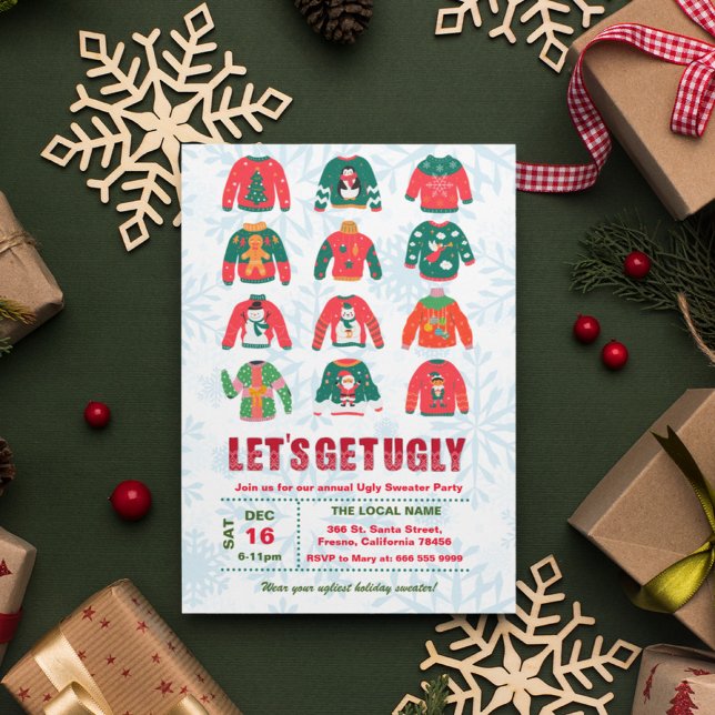 Invitación Funny Ugly Sweater Christmas Party (Lets get ugly, funny ugly sweater christmas party invitation)