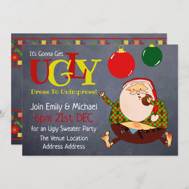 Invitación FUNNY UGLY SWEATER Navidades invitan a Chalkboard (Anverso / Reverso)