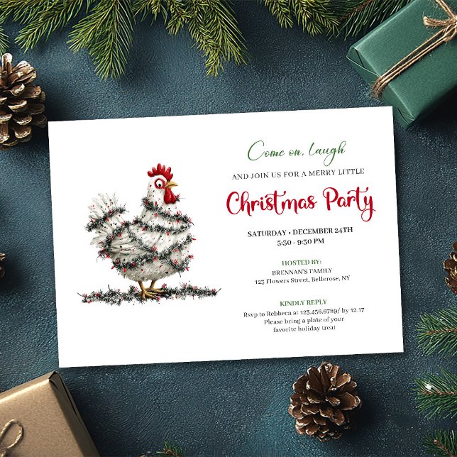 Invitación Funny Watercolor Chicken Red Green Holiday Invite (Funny Watercolor Chickens Red Green Holiday Invite)