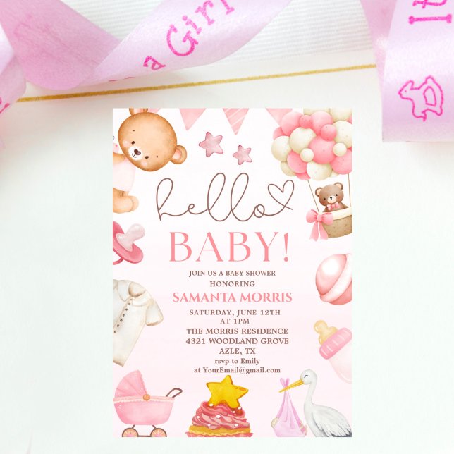 Invitación funny watercolor pink teddy bear girl baby shower  (Subido por el creador)