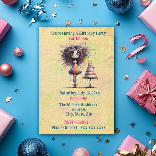 Invitación Funny Whimsical Birthday Chica (Subido por el creador)