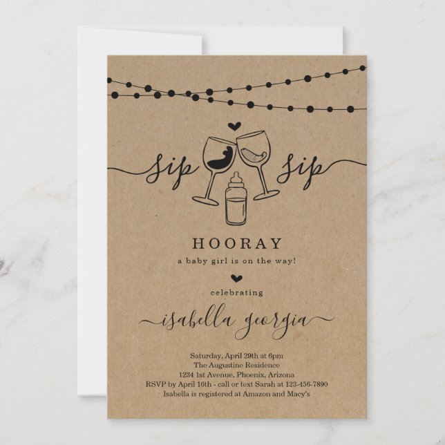Invitación Funny Wine Sip Sip Hooray Baby Shower (Anverso)