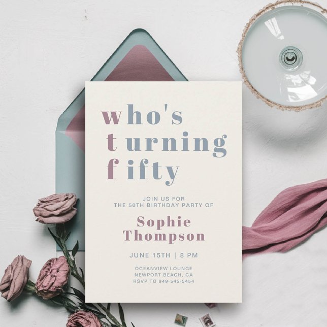 Invitación Funny WTF Mauve Dusty Blue 50th Birthday Party (funny 50th birthday invite for women wtf whos turning fifty mauve dusty blue modern elegant sassy)