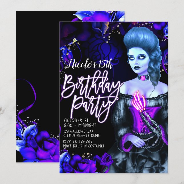 Invitación Furioso Chica muerto Rosas púrpura Fiesta de cumpl (Anverso / Reverso)