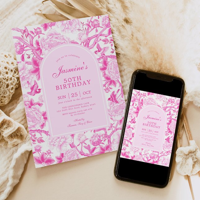 Invitación Fuschia Chinoiserie Jardín floral 50 cumpleaños (Subido por el creador)