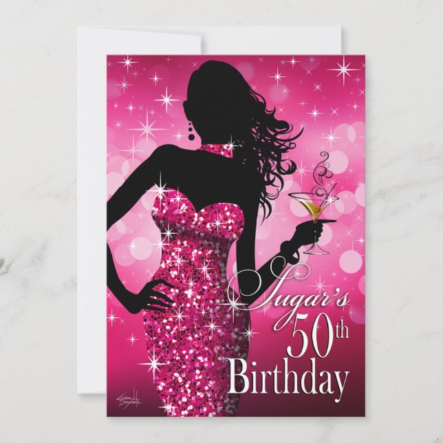 Invitación Fuschia del cumpleaños el | de la chispa 50.a de (Anverso)