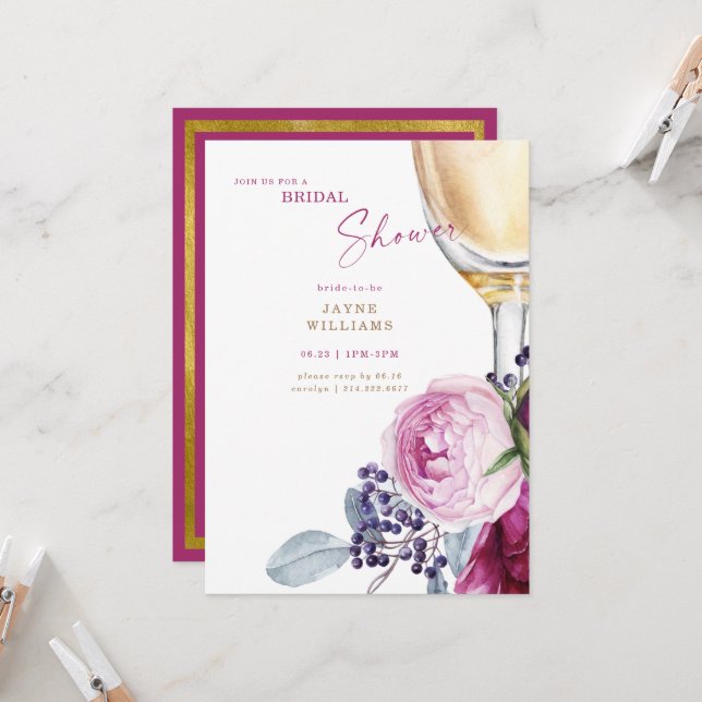 Invitación Fuschia & Gold Elegant Bridal Shower (Anverso/Reverso In Situ)