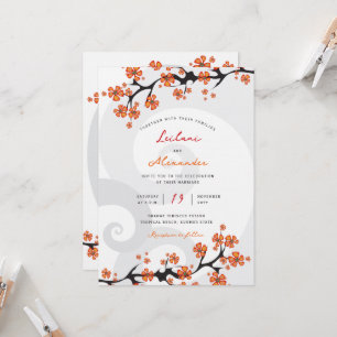 Invitación Fusión Gris Remolino de Hibisco Naranja Tropical B