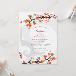 Invitación Fusión Gris Remolino de Hibisco Naranja Tropical B