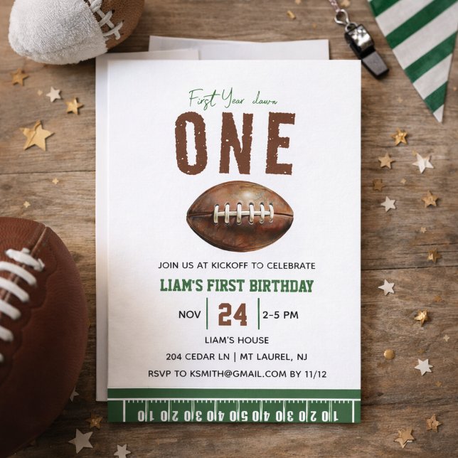 Invitación Fútbol acuático primer año y primer cumpleaños (Watercolor Football First Year Down 1st Birthday Invitation
)