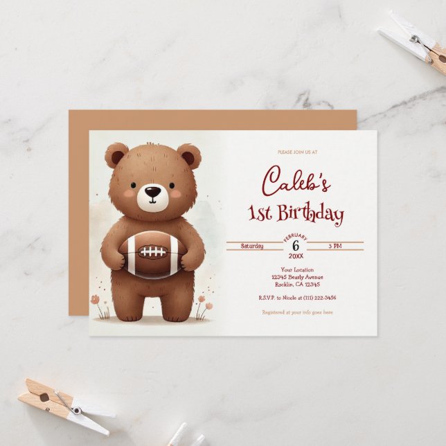 Invitación Fútbol acuático Teddy Bear Primer Fiesta de cumple (Anverso/Reverso In Situ)