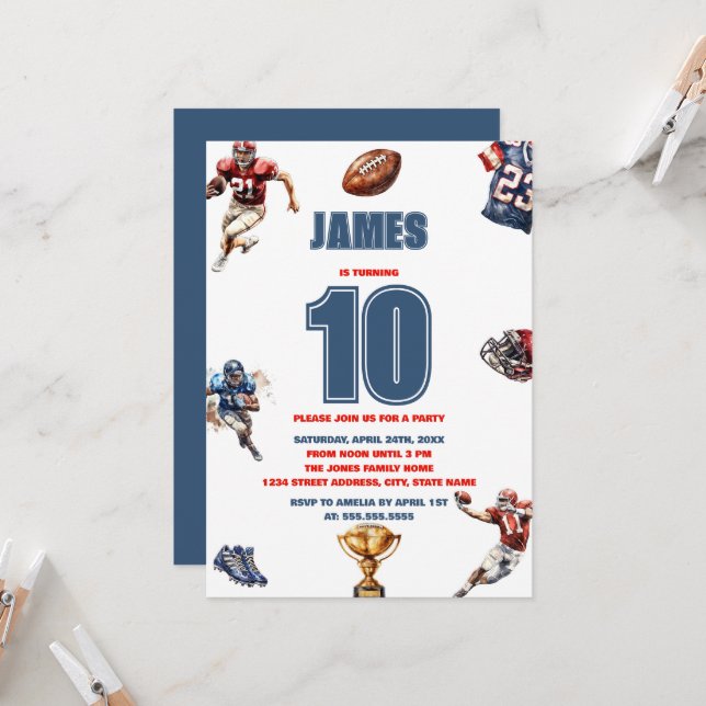 Invitación Fútbol americano moderno Niños deportivos Cumpleañ (Anverso/Reverso In Situ)