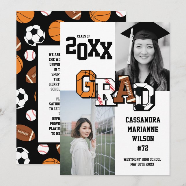 Invitación Fútbol de baloncesto con graduación deportiva (Anverso / Reverso)