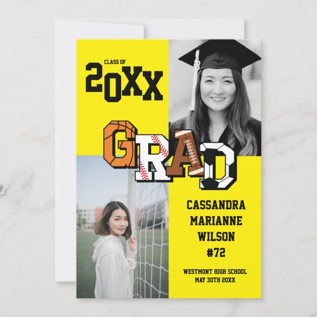 Invitación Fútbol de baloncesto de graduación deportiva Amari (Anverso)