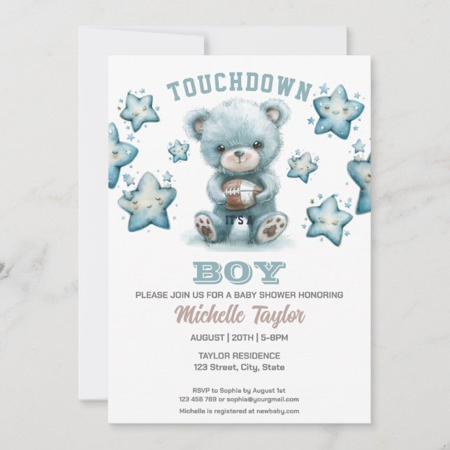 Invitación Fútbol deportivo es un niño oso de Baby Shower (Anverso)