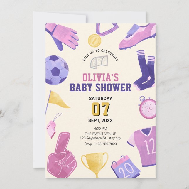 Invitación Fútbol futbolín rosa juego de bebé ducha (Anverso)