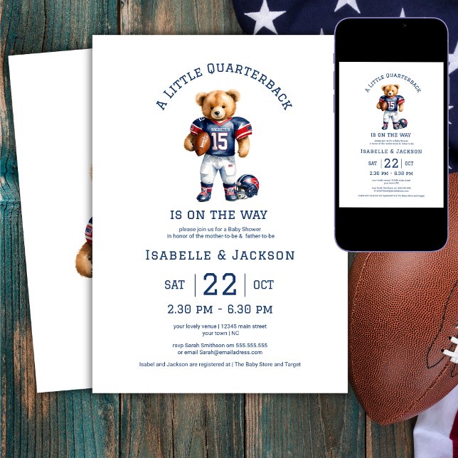 Invitación Fútbol Little Quarterback Teddy Baby Shower (Subido por el creador)