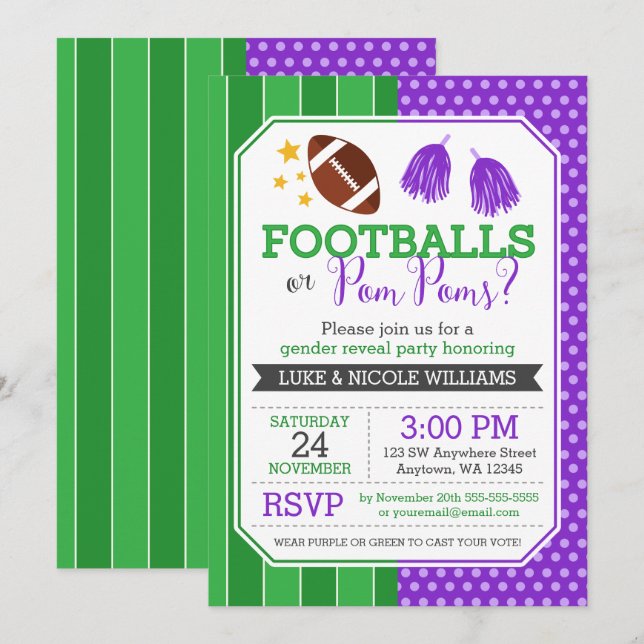 Invitación Fútbol o Pom Pom Pom Morple Gender Reval Fiesta (Anverso / Reverso)