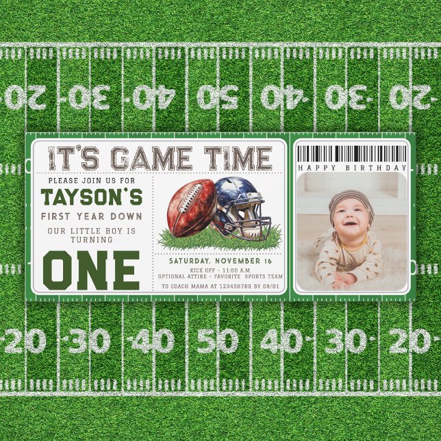 Invitación Fútbol Primer Año Atrás Primer Primer Primer Prime (Football First Year Down 1st Birthday Photo Ticket Invitation)