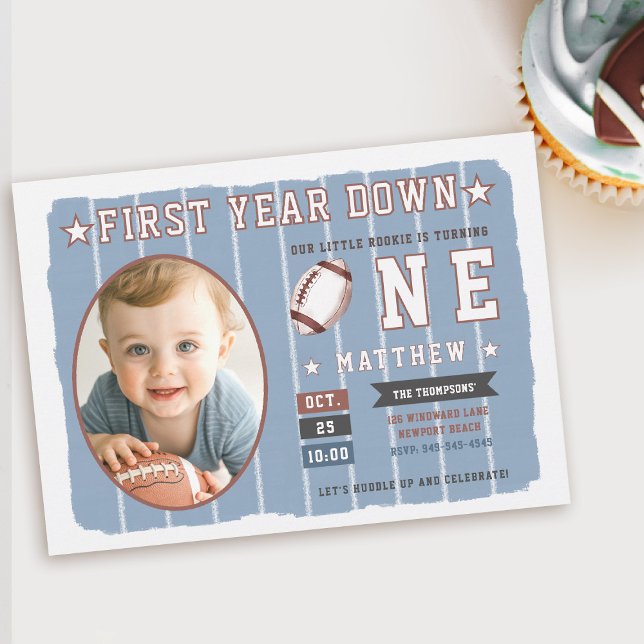 Invitación Fútbol primer año con franjas niño primer cumpleañ (first year down football birthday invitation photo sports boy blue white 1st party invite cute)