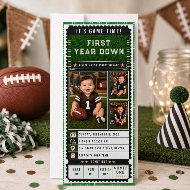 Invitación Fútbol Primer Año Descenso Boleto de Cumpleaños Nú (Football First Year Down 1st Birthday Ticket Photo Invitation)