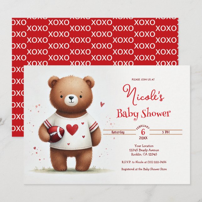 Invitación Fútbol Teddy Bear el Baby Shower de Valentine (Anverso / Reverso)