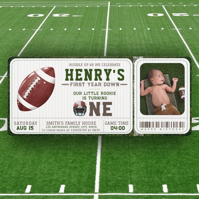 Invitación Fútbol Ticket Primer Año Abajo Primer Día Foto (First year down - photo birthday invitation)