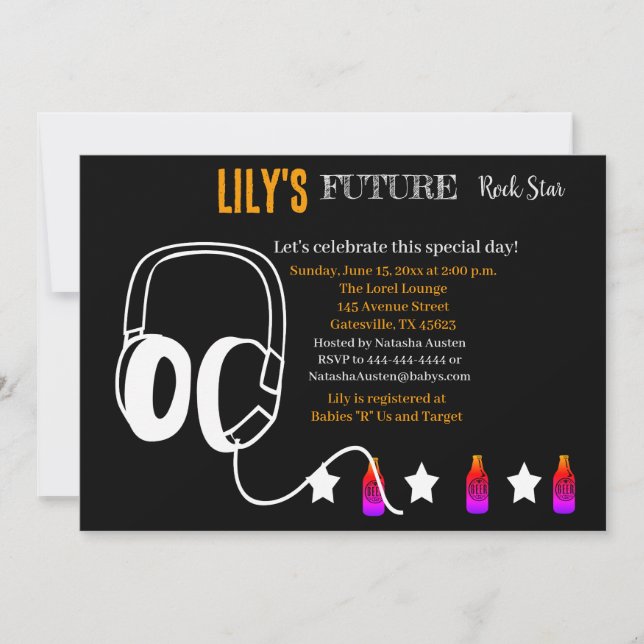 Invitación futura de Baby Shower de Rocker (Anverso)