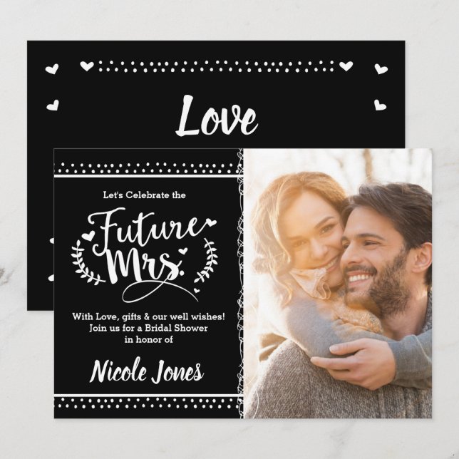 Invitación FUTURA SRA. Foto de ducha de novia en blanco y neg (Anverso / Reverso)