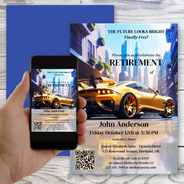 Invitación Futurista Fiesta de Jubilación por la Libertad de  (Futuristic retirement invitation featuring a painting of sports car in a modern town. With QR code)