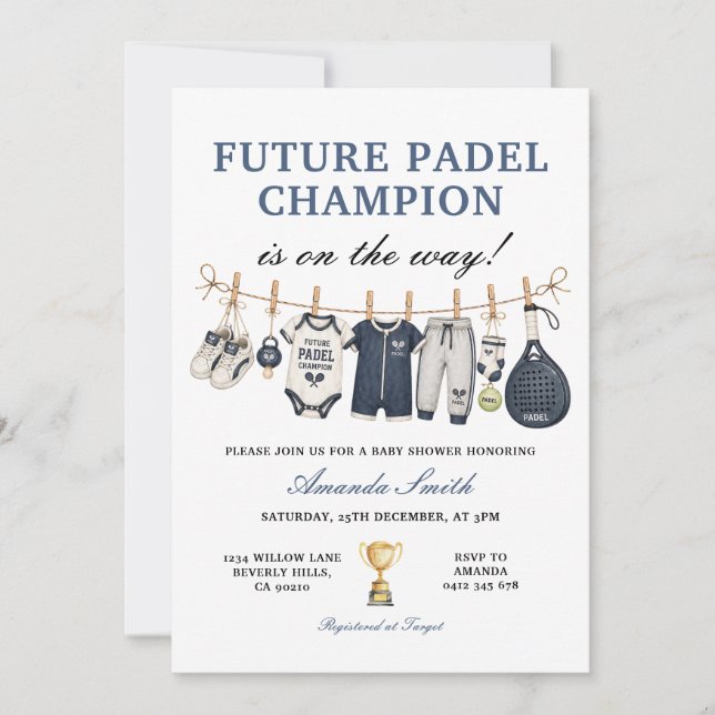 Invitación Futuro Campeón de Pádel Niño Ropa Bebe Shower (Anverso)