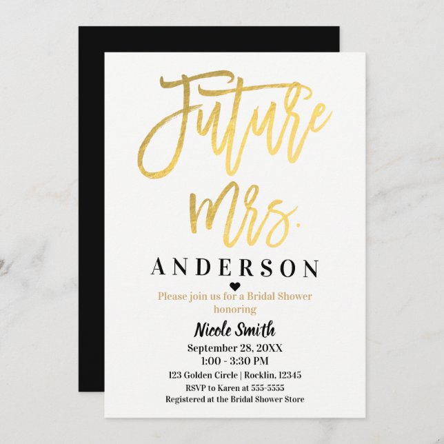Invitación Futuro Sra Relieve metalizado dorado Modern Script (Anverso / Reverso)