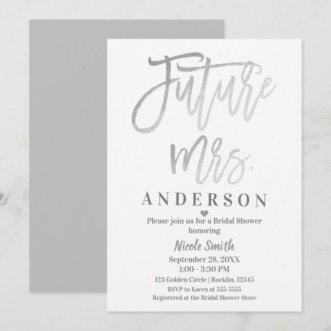Invitación Futuro Sra. Silver Bridal Shower de guión moderno (Anverso / Reverso)