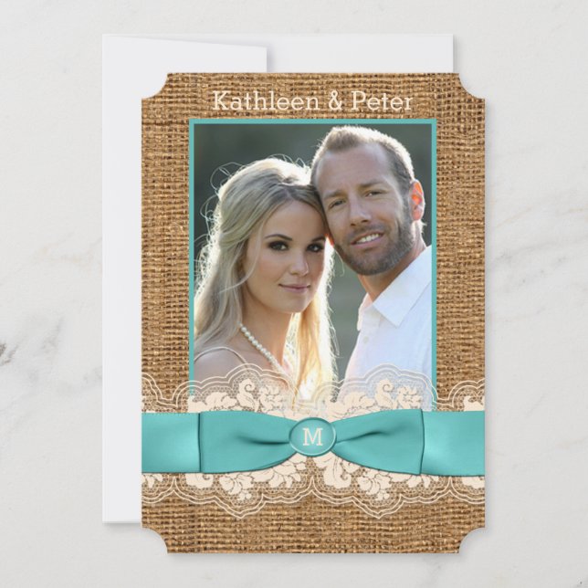 Invitación FUX Burlap, Lace, Bow PHOTO Wedting - Aqua (Anverso)