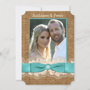 Invitación FUX Burlap, Lace, Bow PHOTO Wedting - Aqua