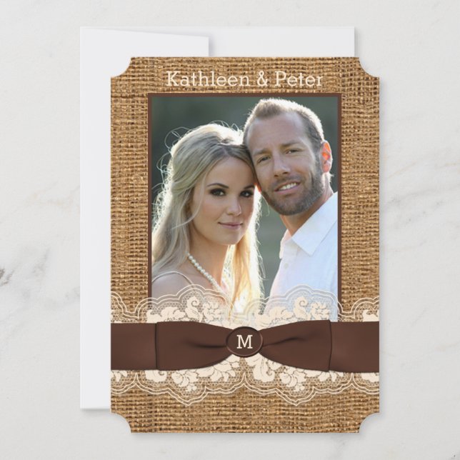 Invitación FUX Burlap, Lace, Bow PHOTO Wedting, Brown (Anverso)