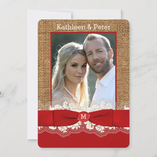 Invitación FUX Burlap, Lace, Bow PHOTO Wedting, Red 3 (Anverso)