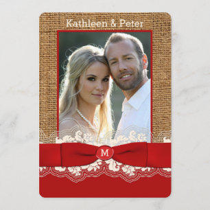 Invitación FUX Burlap, Lace, Bow PHOTO Wedting, Red 3
