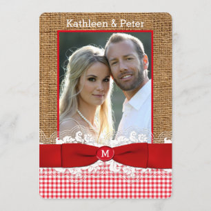 Invitación FUX Burlap, Lace, Bow PHOTO Wedting, Red 3