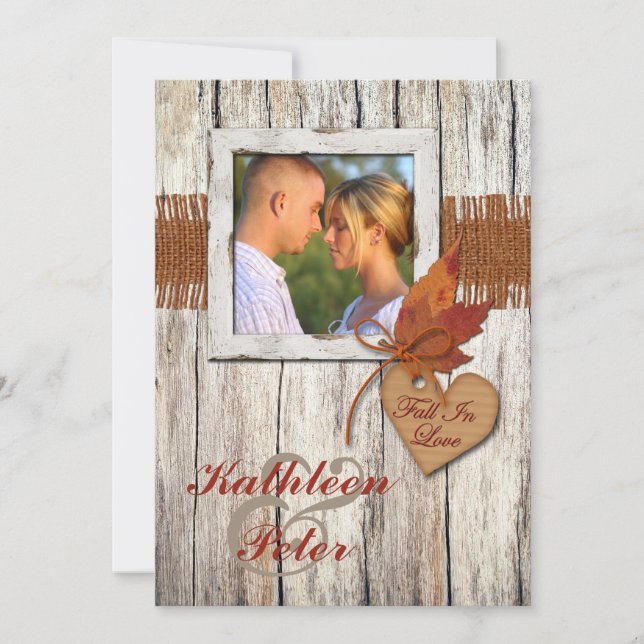 Invitación FUX Burlap, Wood, Leaves, Boda de la FOTO del cora (Anverso)