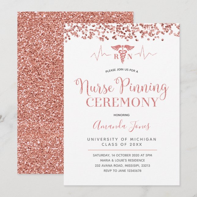 Invitación FUX ROSA ORO RN Nurse Ceremonia de fondeo (Anverso / Reverso)