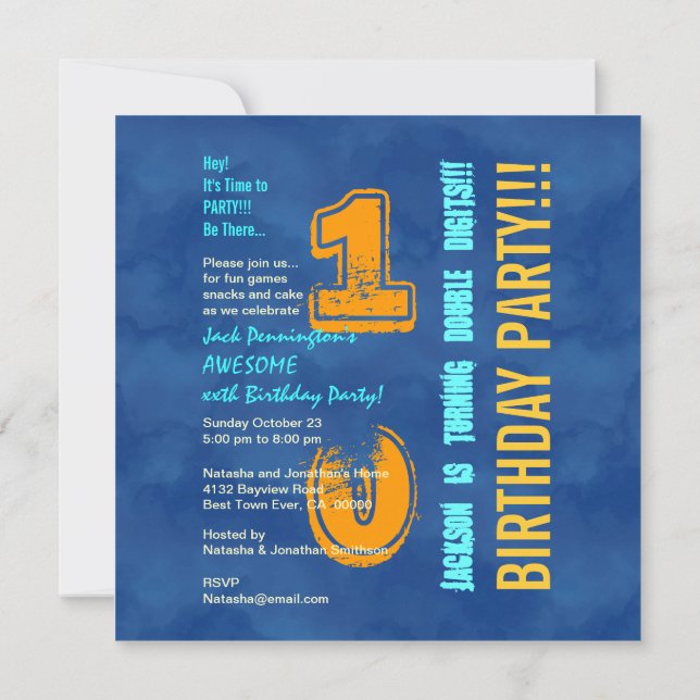 Invitación G10B de 10 años, azul y oro moderno (Reverso)