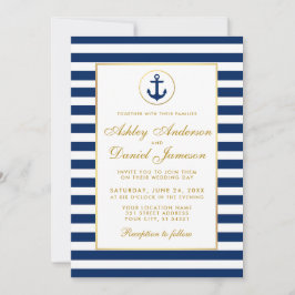Invitación G de bodas náuticas azules rayas dorada