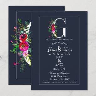 Invitación G Monograma Inicial Final Moderna Floral Azul Boda
