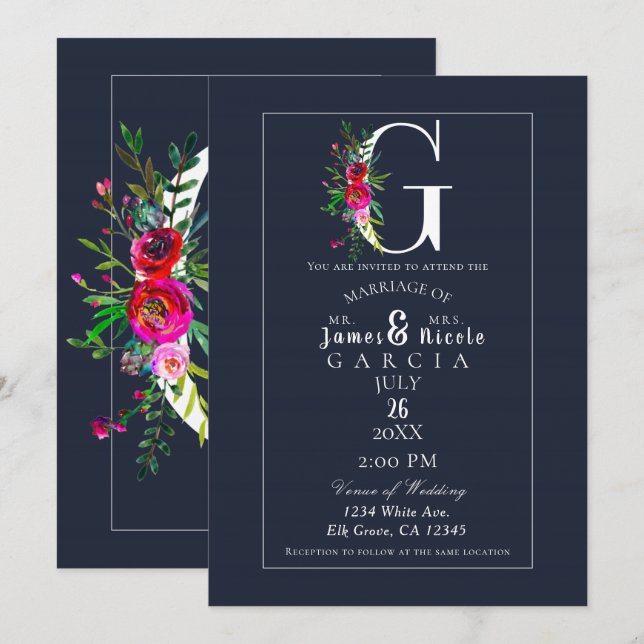 Invitación G Monograma Último Boda floral azul moderno inicia (Anverso / Reverso)