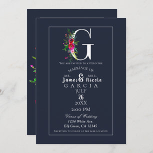 Invitación G Monograma Último Boda floral azul moderno inicia