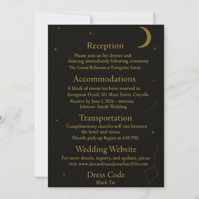 Invitación Gabinete de Boda Celestial Elegante Negro y Oro (Anverso)