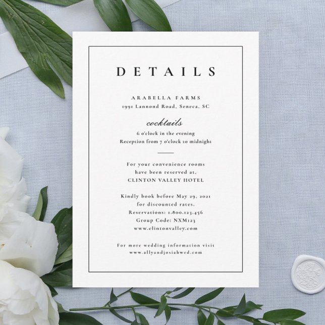 Invitación Gabinete de detalles de Bodas blancos y negros clá (Elegant simple typography black and white wedding details enclosure cards.)